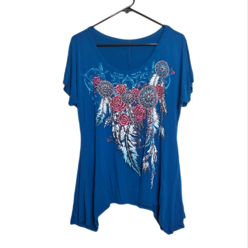 Womens Beautiful Rhinestone Scoop Neck Short Sleeve Flowy Floral Blouse Size Med